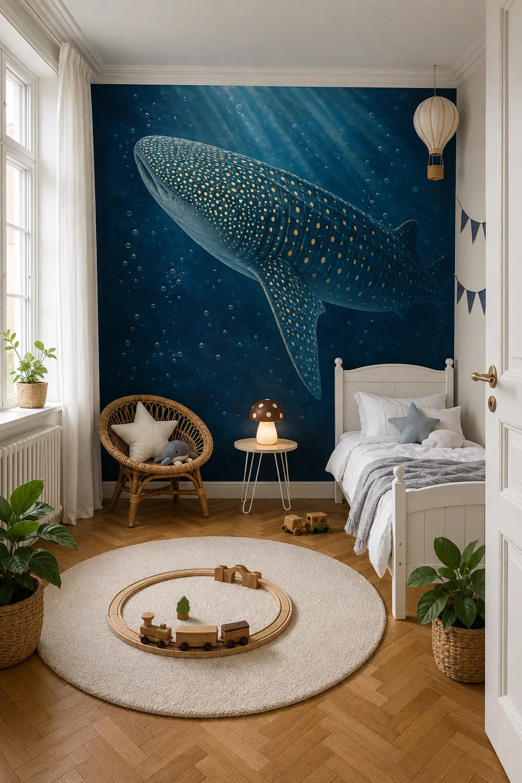 Underwater whale shark mural concept for a cozy kids’ bedroom