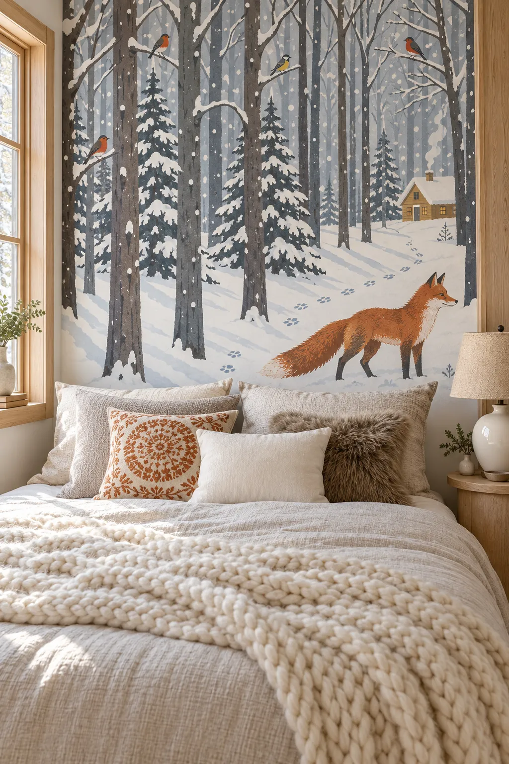 Cozy bedroom concept with a fox in a snowy winter forest backdrop