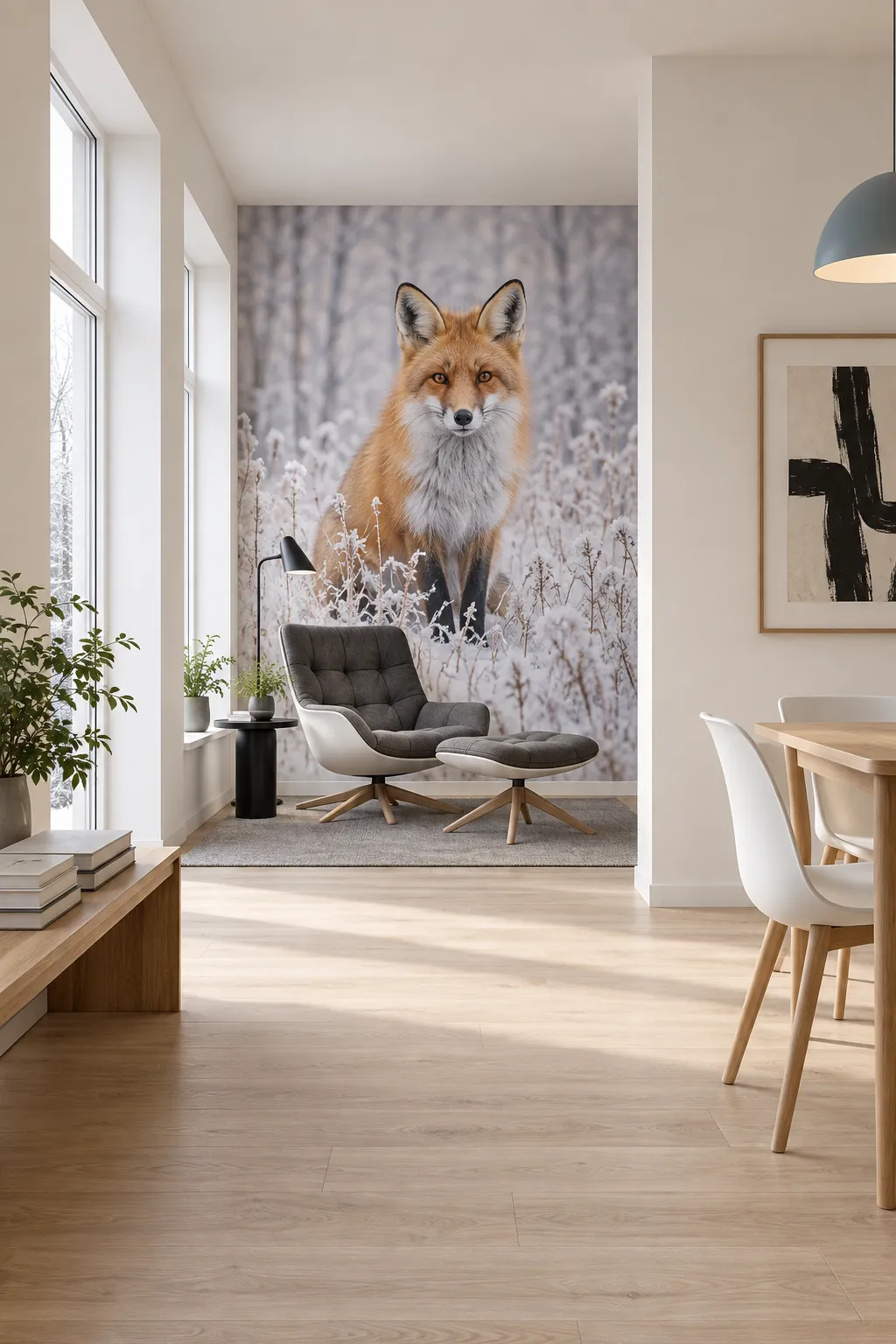Winter woodland fox artwork used as the backdrop for a reading nook