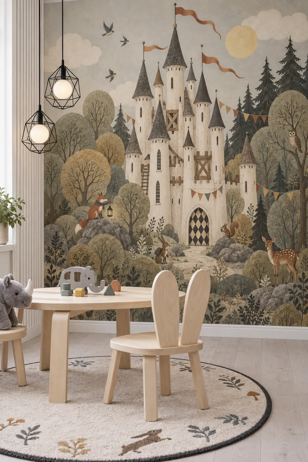 Scandinavian-style playroom concept with a woodland castle backdrop and pale wood storage.
