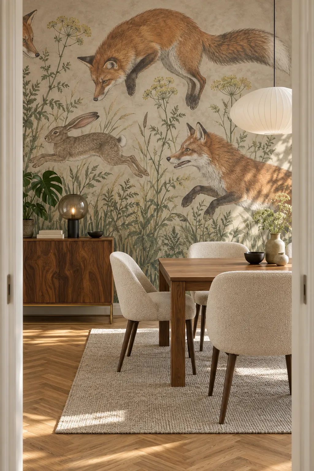 Neutral dining room concept with woodland fox artwork and natural wood furniture