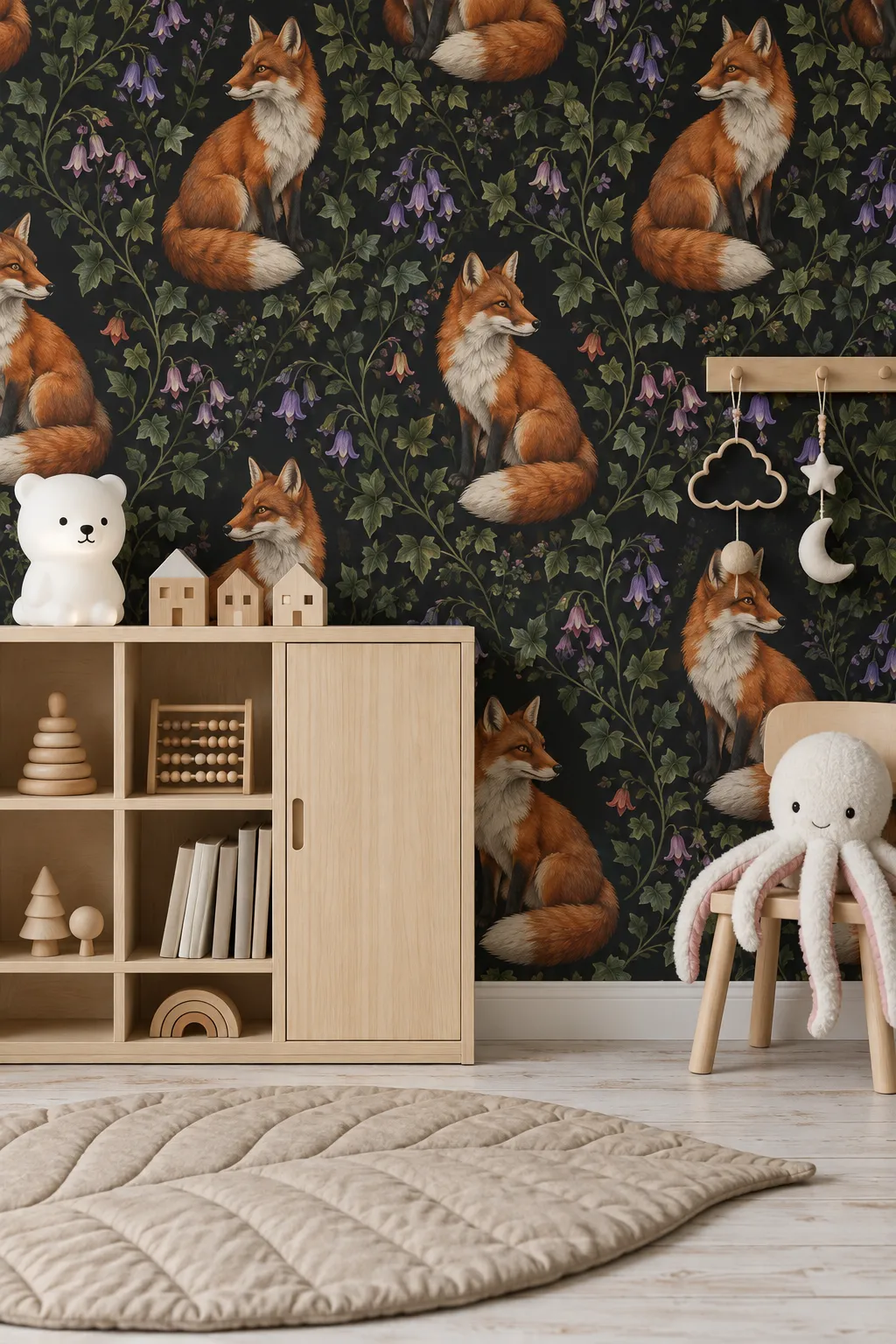 Woodland fox nursery theme with purple floral accents