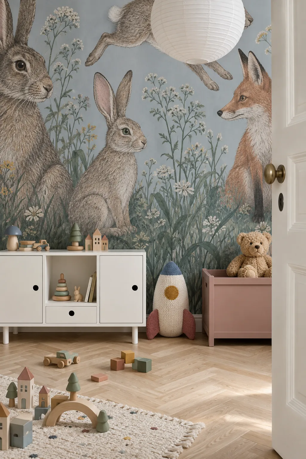 Meadow wall art concept featuring foxes, rabbits, and flowing grasses