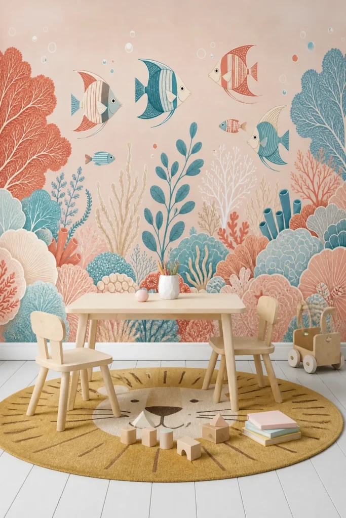 Gentle pastel reef with oversized scallop corals and small fish installed floor-to-ceiling in a bright Scandinavian children's playroom with pale wood furniture.