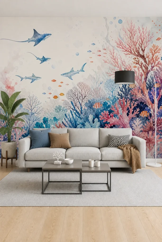 Abstract watercolor reef with sweeping blue pink and coral strokes staged across a contemporary minimalist living room wall behind a pale gray sofa.