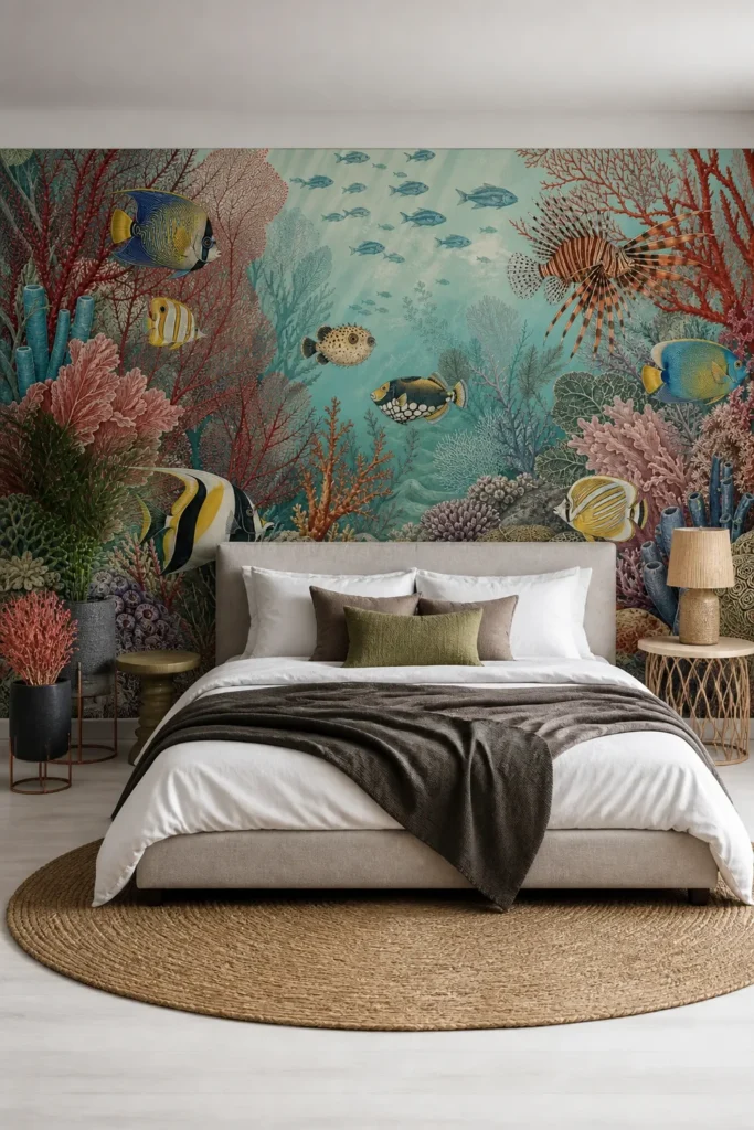 Antique underwater garden with red sea fans and tropical fish installed as a full-wall mural behind a centered upholstered bed in an eclectic maximalist bedroom.