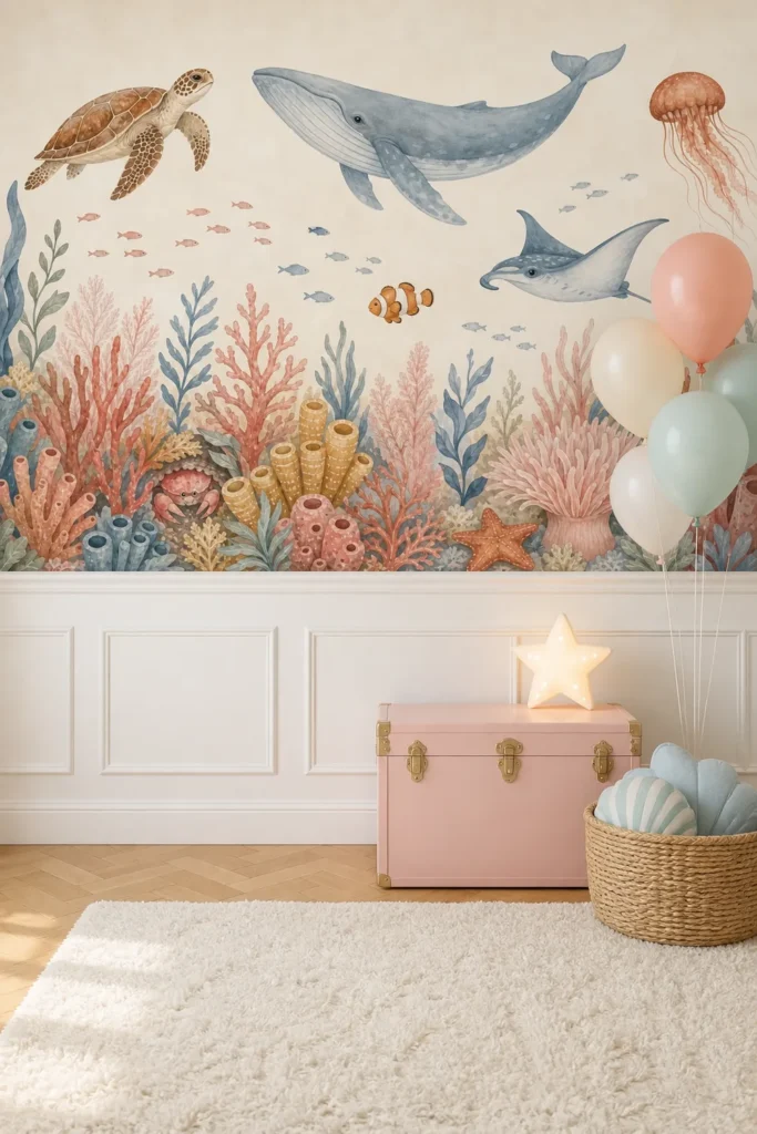 Minimal pastel reef with scallop corals fish and sea plants staged in a whimsical coastal nursery with a pink trunk, rattan basket, pastel balloons, and warm wood flooring.