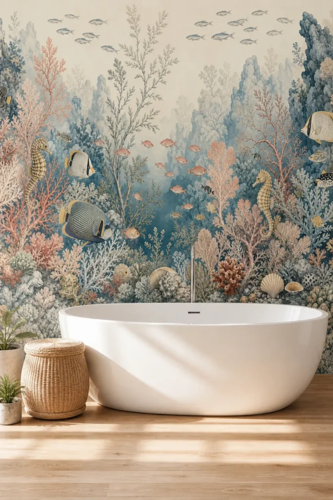 Dreamy watercolor reef with soft coral branches and tiny fish installed across a full-height feature wall behind a white freestanding bathtub in a bright contemporary spa bathroom.