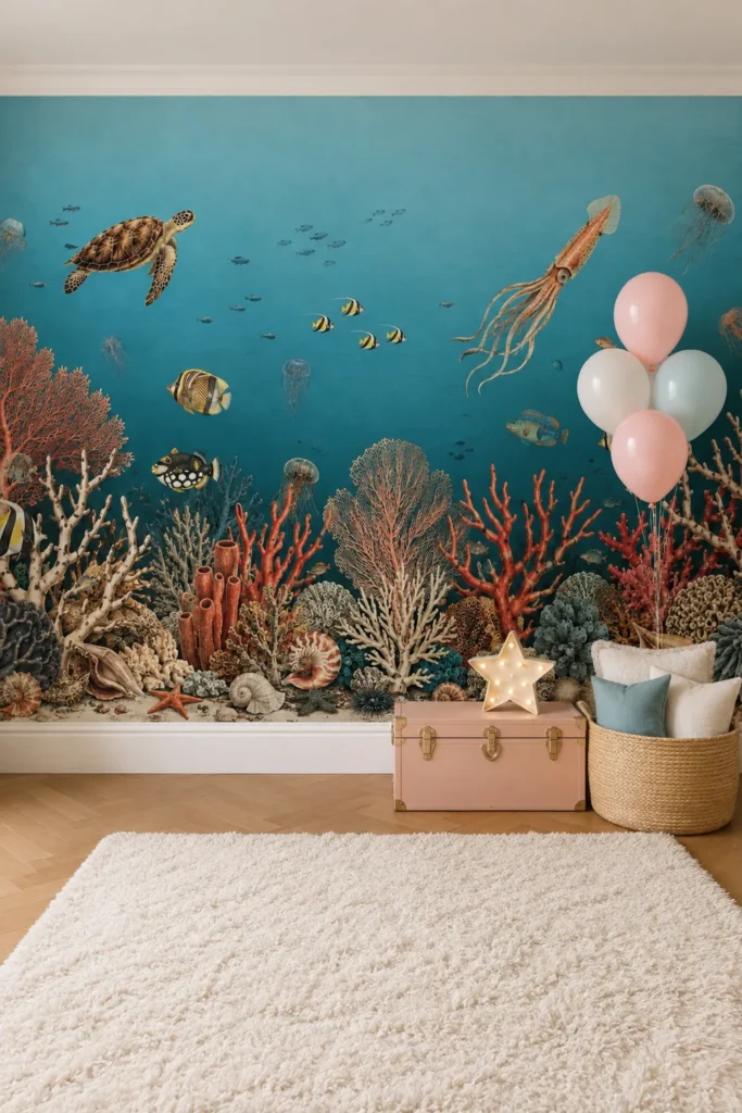 Vintage Teal Underwater Sea Turtle Squid and Tropical Fish Wall Mural installed in a whimsical children's room with a blush trunk, woven basket, pastel balloons, and herringbone wood flooring.