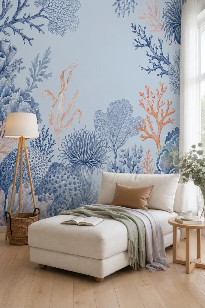 Coastal Blue and Coral Botanical Sea Life Wallpaper Mural staged floor-to-ceiling in a serene contemporary coastal lounge with an ivory chaise, pale wood furniture, and soft daylight.