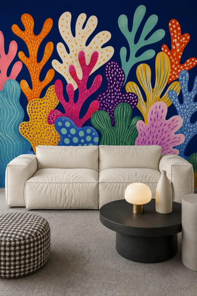 Colorful Abstract Coral Garden Kids Room Wall Mural staged in a contemporary maximalist lounge with a cream modular sofa and sculptural tables.