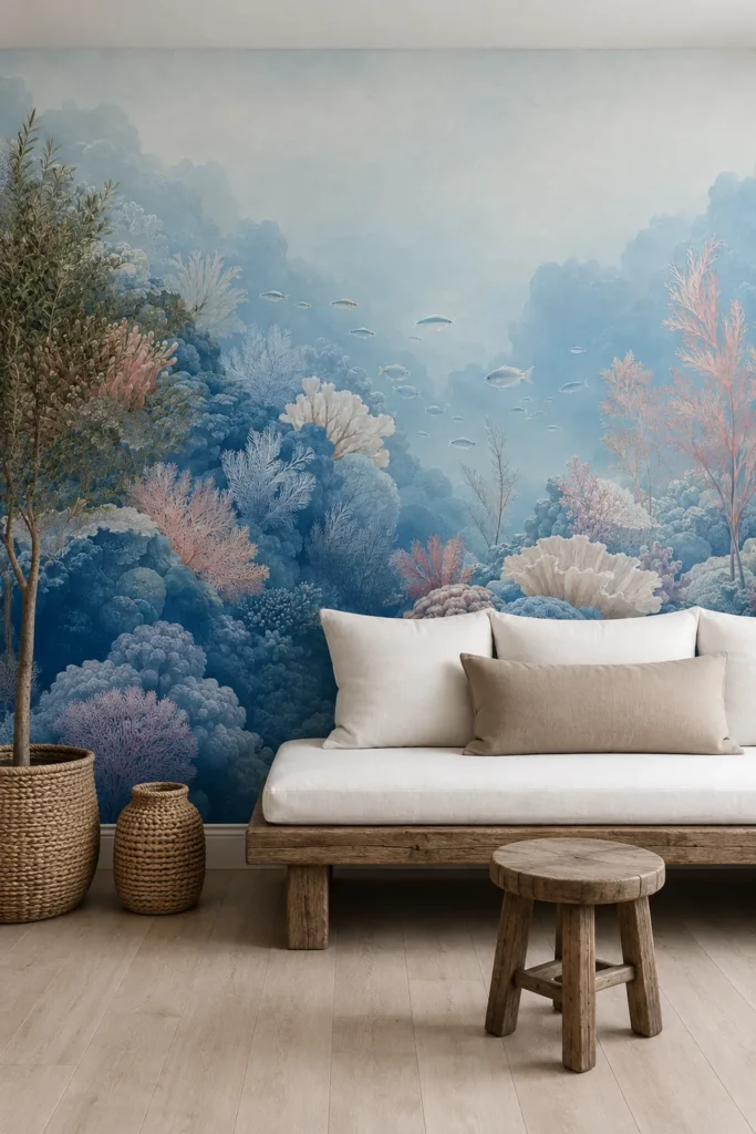 Soft Blue and Blush Underwater Coral Reef Landscape Wall Mural staged on a full-height wall in a serene organic-coastal room with a rustic wood bench, woven planters, and white cushions.