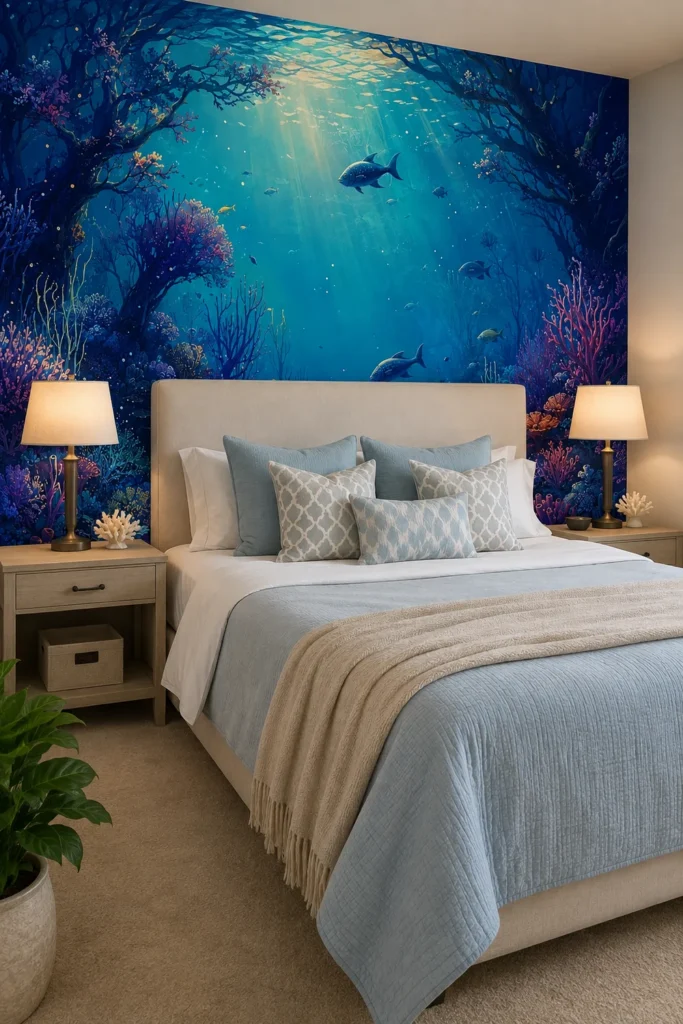 Glowing Blue Fantasy Underwater Coral Reef Wall Mural installed floor-to-ceiling behind an ivory upholstered bed in a contemporary coastal bedroom.
