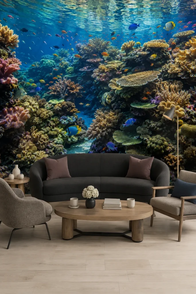 Realistic Tropical Fish and Colorful Ocean Reef Wall Mural installed floor-to-ceiling in a contemporary living room with a curved charcoal sofa, wood coffee table, and lounge chairs.