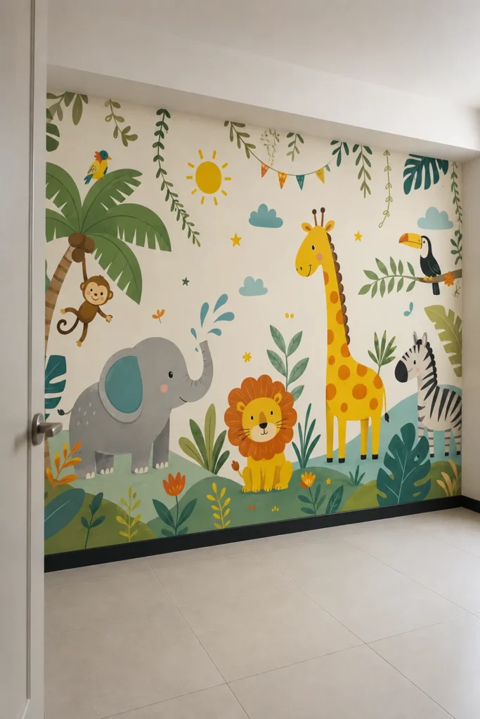Colorful jungle safari elephant lion giraffe zebra monkey mural installed floor-to-ceiling in a minimal contemporary children's corridor niche viewed through an open doorway.
