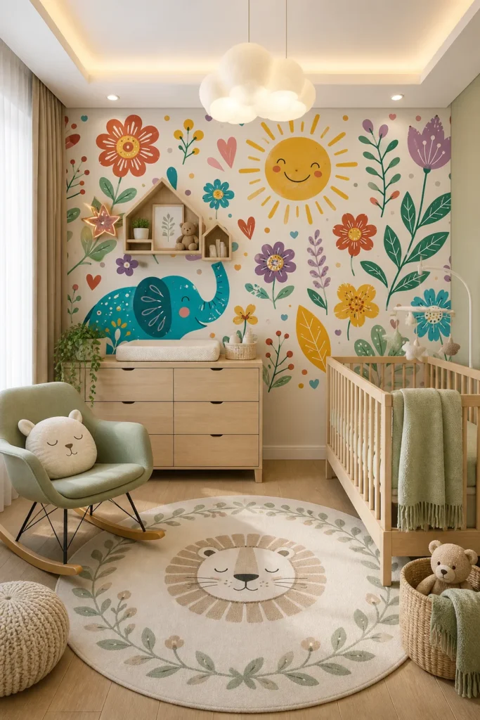 Colorful folk art elephant flowers smiling sun mural installed floor-to-ceiling in a softly lit Scandinavian-inspired woodland nursery with a natural-oak crib and changing dresser.