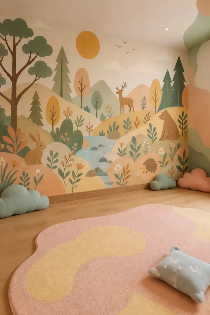 Boho woodland forest river bear deer hedgehog sunset mural installed on the full-height feature wall of a whimsical pastel children's playroom.