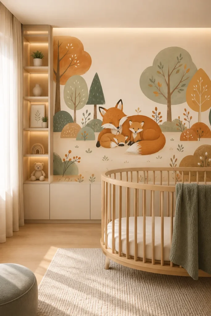 Boho sleeping fox family autumn woodland trees mural installed in a warm Scandinavian-bohemian nursery behind a light-oak oval crib.