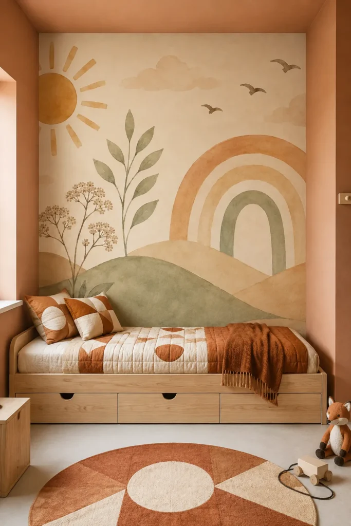 Boho earth tone rainbow sun rolling hills botanical mural installed floor-to-ceiling in a warm contemporary children's bedroom alcove above a wooden storage bed.