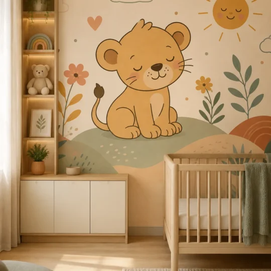 Cute baby lion wildflowers smiling sun boho nursery mural behind a pale oak crib in a softly lit Scandinavian nursery.