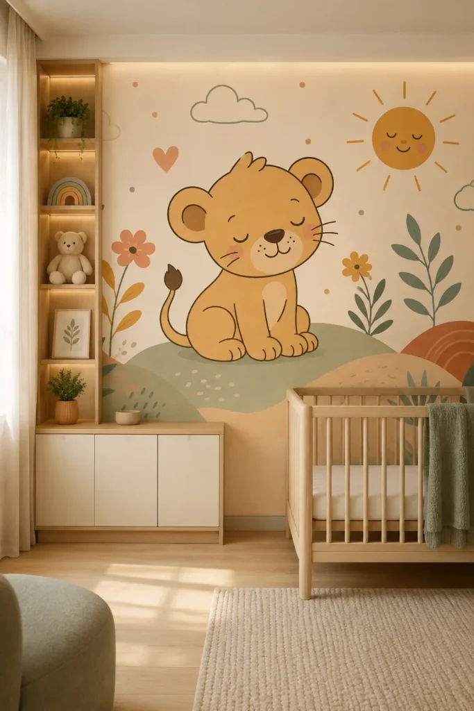 Cute baby lion wildflowers smiling sun boho nursery mural behind a pale oak crib in a softly lit Scandinavian nursery.