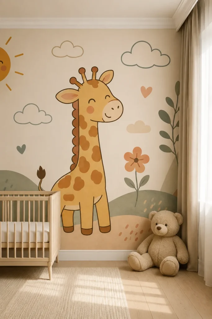 Cute baby giraffe palm tree tropical leaves boho nursery mural behind an ivory crib and beige teddy bear in a sunlit Scandinavian nursery.