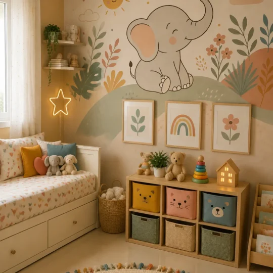 Cute baby elephant butterfly tropical leaves boho nursery mural in a cozy children's bedroom with an ivory daybed, oak storage, and a colorful round rug.