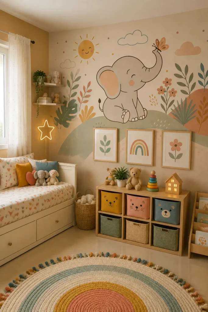 Cute baby elephant butterfly tropical leaves boho nursery mural in a cozy children's bedroom with an ivory daybed, oak storage, and a colorful round rug.