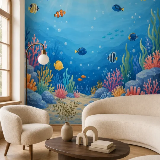 Colorful underwater coral reef tropical fish ocean mural behind curved cream seating and a dark oval coffee table in a bright organic modern lounge.