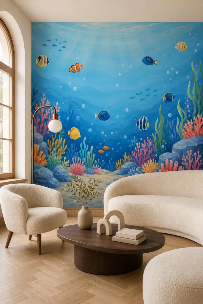Colorful underwater coral reef tropical fish ocean mural behind curved cream seating and a dark oval coffee table in a bright organic modern lounge.