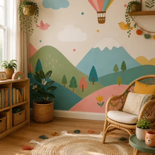 Colorful mountain hills smiling sun hot air balloon nursery mural in a cozy reading corner with a rattan chair, oak bookcase, and woven rug.