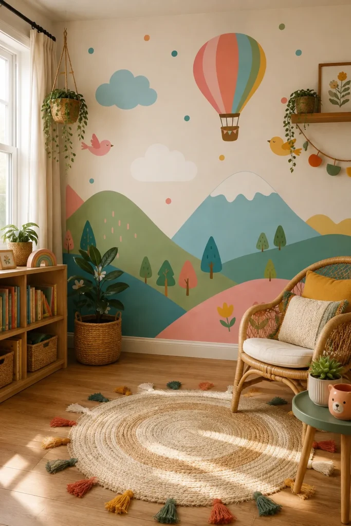 Colorful mountain hills smiling sun hot air balloon nursery mural in a cozy reading corner with a rattan chair, oak bookcase, and woven rug.