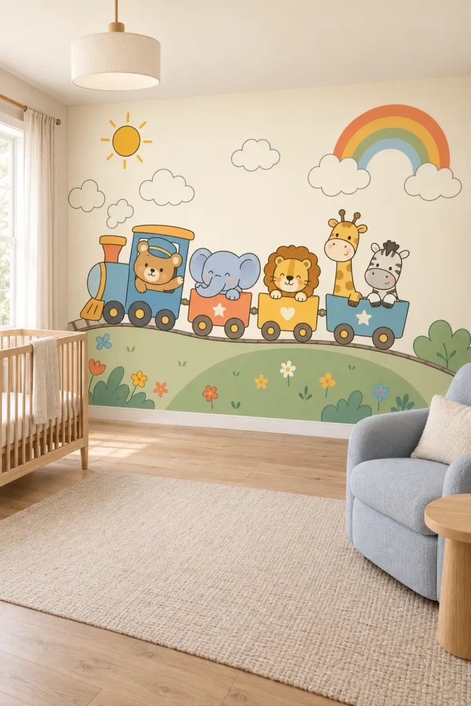 Cute safari animals riding colorful toy train rainbow mural in a Scandinavian nursery with a pale oak crib and powder blue nursing chair.