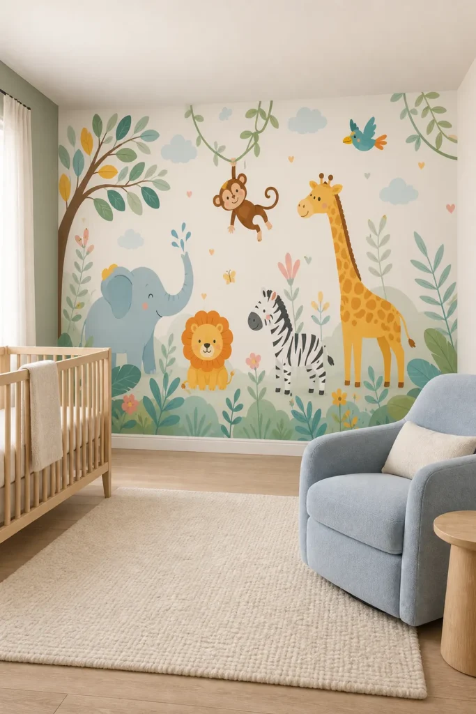 Cute safari animal friends elephant lion zebra giraffe botanical mural in a Scandinavian nursery with a pale oak crib and powder-blue nursing chair.