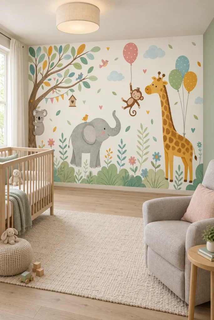 Cute elephant giraffe monkey balloons botanical safari mural in a Scandinavian nursery with a pale oak crib and warm gray nursing chair.