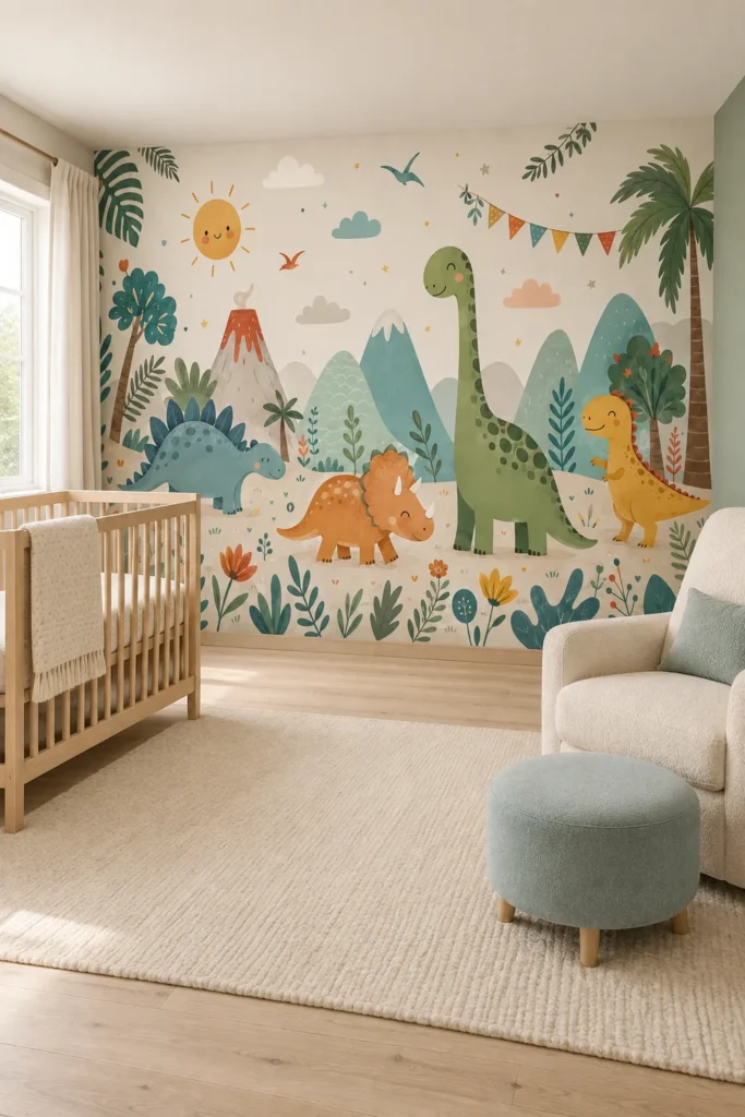 Cute dinosaur jungle volcano prehistoric nursery mural on a Scandinavian nursery feature wall with an oak crib and cream nursing chair.