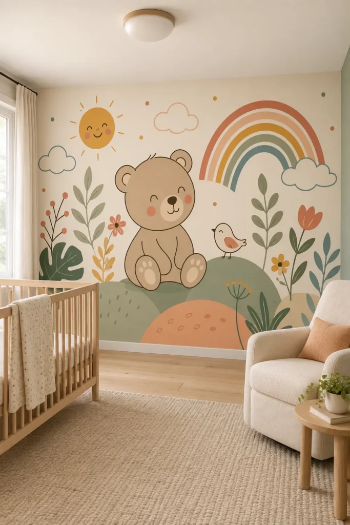 Cute brown bear rainbow wildflowers boho nursery mural on a full-height wall in a Scandinavian nursery with a pale oak crib and cream nursing chair.
