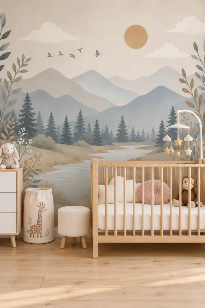 Misty mountain river pine forest neutral landscape mural behind a natural wood crib in a bright Scandinavian-inspired nursery.