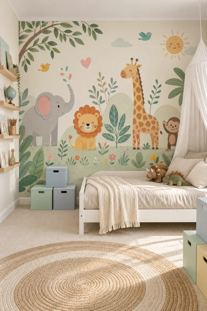 Minimal safari elephant lion giraffe monkey tropical nursery mural behind a low bed with beige bedding, a white canopy, and pastel storage cubes.
