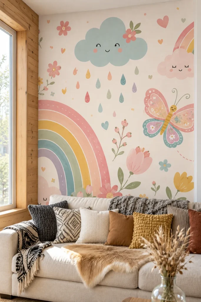 Kawaii pastel rainbows smiling clouds butterflies flower shower mural behind a cream sofa in a sunlit living room with honey-toned wood and layered cushions.