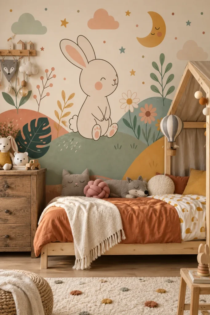 Cute white bunny crescent moon wildflowers boho nursery mural behind a pine canopy bed and rustic cabinet in a cozy Scandinavian children's bedroom.
