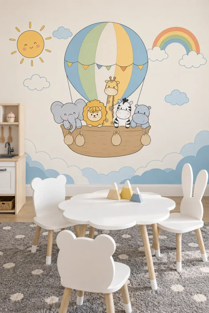 Cute safari animals riding pastel hot air balloon cloud mural in a Scandinavian-inspired playroom with a white cloud table, animal-shaped chairs, and a pale wood play kitchen.