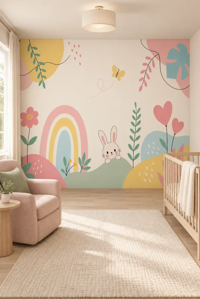 Pastel rainbow bunny hearts flowers butterfly nursery mural installed floor to ceiling in a Scandinavian nursery with a pale oak crib and blush nursing chair.