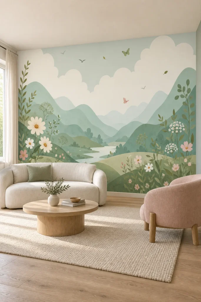 Pastel mountain valley wildflowers lake scenic landscape mural in an airy Scandinavian sitting room with a cream loveseat, pale oak table, and blush chair.
