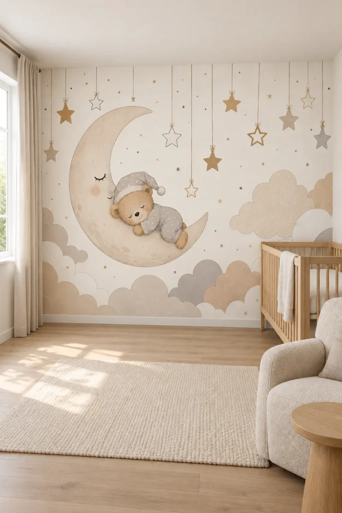 Neutral sleeping baby crescent moon hanging stars cloud mural in a Scandinavian nursery with a pale oak crib and oatmeal nursing chair.
