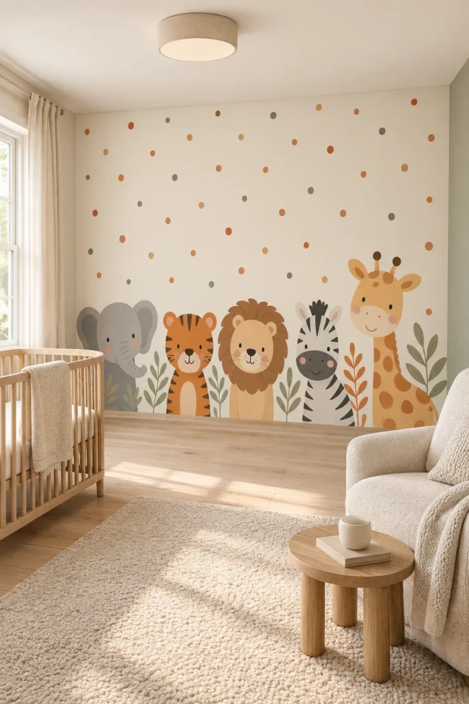 Neutral safari animal lineup elephant tiger lion zebra giraffe mural on a full-height Scandinavian nursery wall with a pale-oak crib and cream nursing chair.