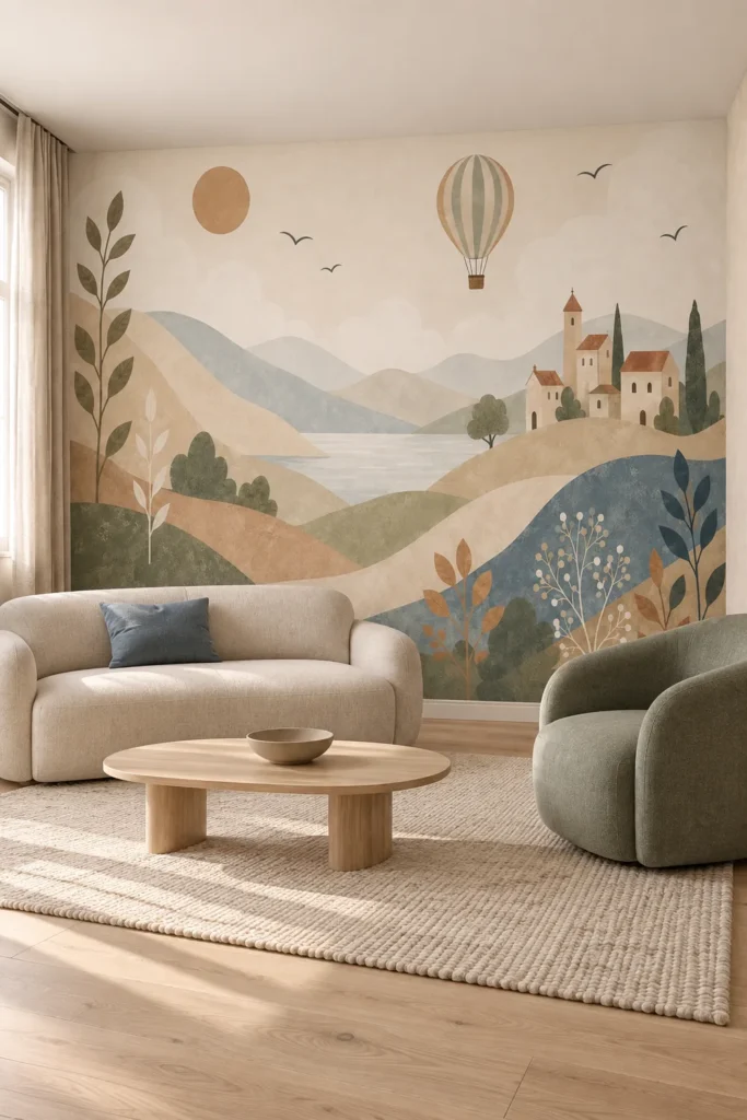 Neutral rolling hills castle hot air balloon landscape mural in a Scandinavian living room with an oatmeal loveseat, olive chair, and pale oak coffee table.