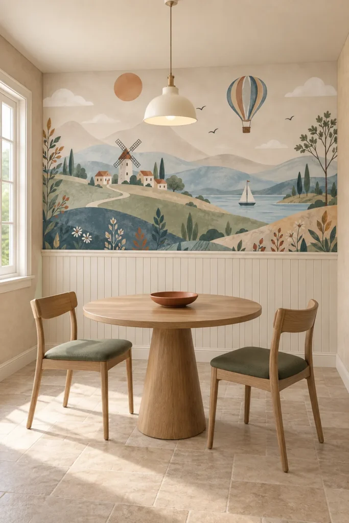 Vintage countryside windmill sailboat hot air balloon landscape mural above cream beadboard in a modern cottage breakfast room with a round oak table.