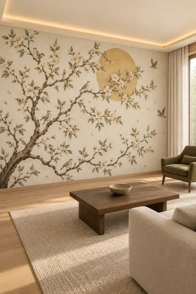 Vintage chinoiserie flowering tree birds golden sun mural in a Japanese-inspired living room with a cream sofa and pale oak flooring.
