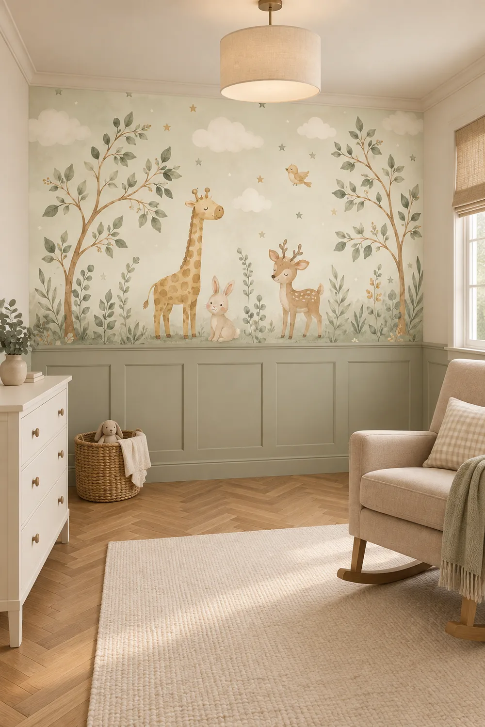 Soft watercolor giraffe deer bunny enchanted forest nursery mural above pale sage wainscoting in an English cottage nursery with a tan rocking chair.